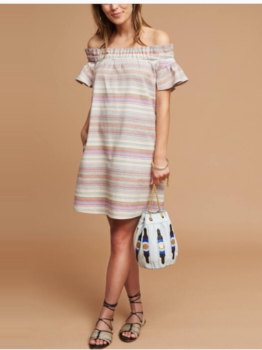 Corey Lynn Anthropologie  Off-Shoulder Stripe Dress in Multicolor Philosophy M